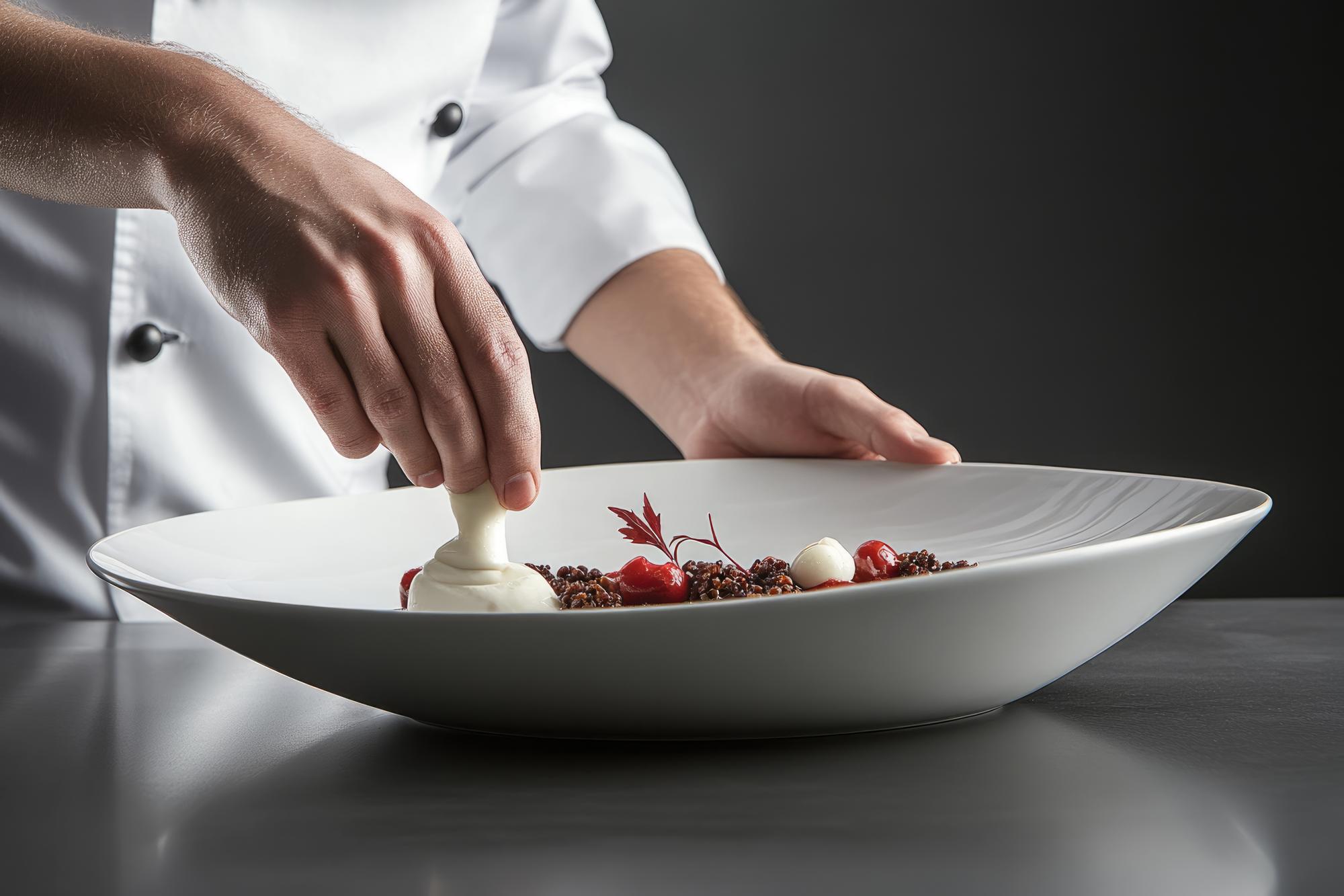 Chef preparing plated dish in modern kitchen